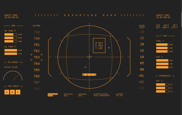Example of the font use in a orange on dark brown retro monochrome interface that has a very 60s sci-fi movies space ship vibe