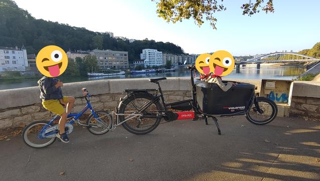 Le biporteur familial (Douze G4), équipé d'un FollowMe tandem pour tracter le 16 pouces et ainsi transporter mes 3 enfants sur le trajet de l'école.