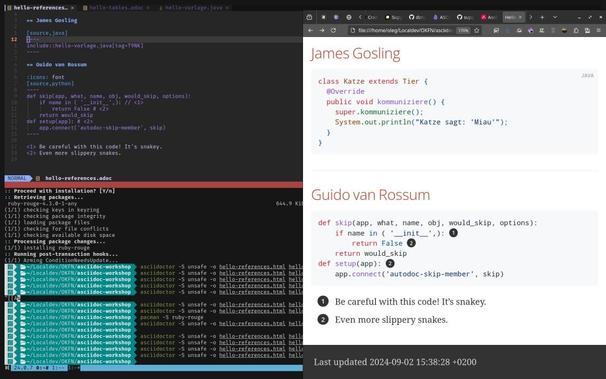 A screenshot of a text editor and console, rendering to a web browser preview of code documentation