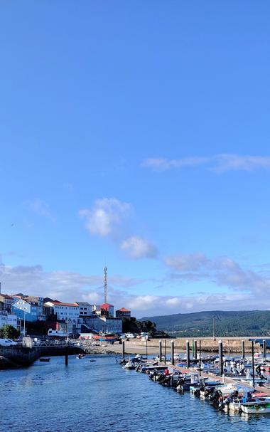 Puerto de Fisterra al atardecer lleno de barcos.