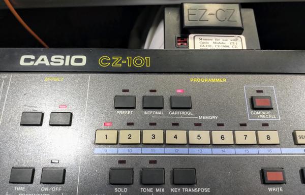 Casio cz101 patch selection area with MicroFantics EZCZ memory card sticking out the back