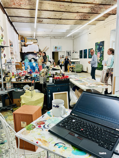 Art atelier and live coding setup with laptop