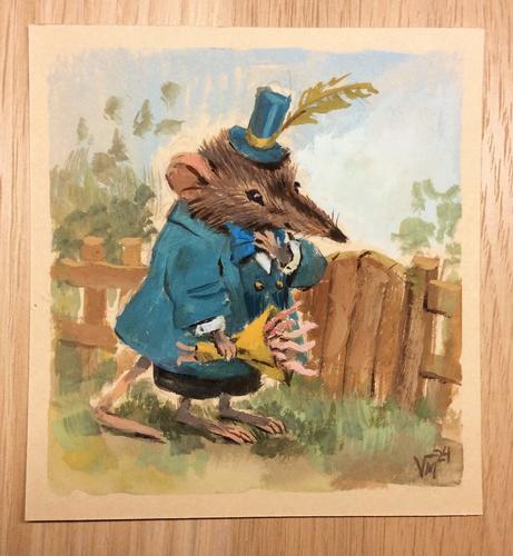 Gouache painting by Victoria Maderna. A shrew wearing a blue suit and hat holding an earthworm bouquet.