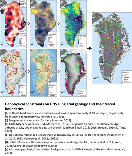 maps - Geophysical constraints on GrIS subglacial geology and their traced boundaries.