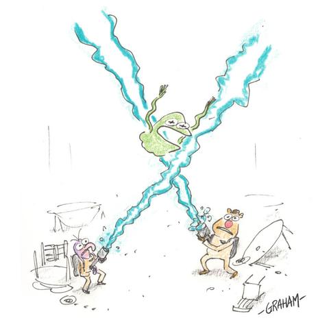 A cartoon illustration of Kermit as Slimer evading the particle throwers that Gonzo and Fozzie are attempting to hit him with. The whole scene is a recreation of an iconic moment in Ghostbusters.