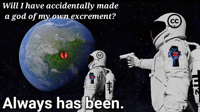 Always has been meme. wil Ihave accidentally made
a god of my own excrement?

Always has been.

2 astronauts with the letters c c inside a circle on the sides of their helmet. (cc)

They are in space looking at a reddish orange circle on the surface &  looking nearly identical to the sun,. On the surface of earth. 

One astronaut has a gun in their hand, pointing at the other. 

The only other thing of note about them is the odd fist emblem on the shoulder of their suits.