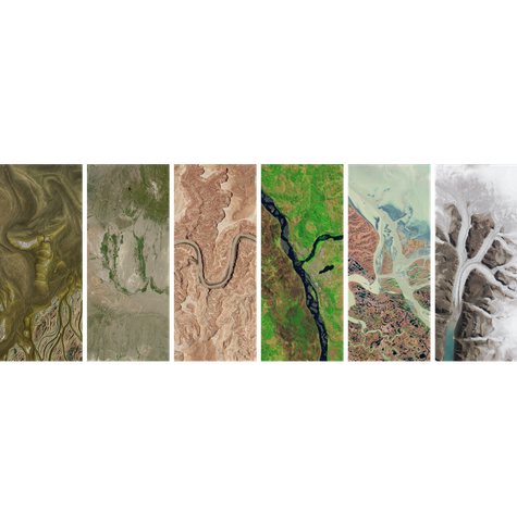 Six satellite images of the earth with various land forms like rivers, ice, and mountain creating the letters for my yuk name, Tuuyak.