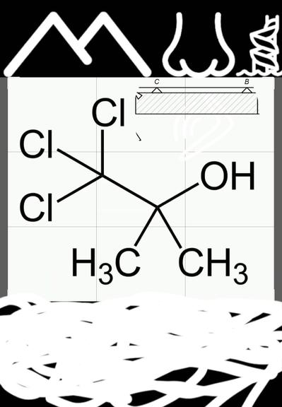 Drawing of mountains, a nose and a double helix slide. On top of a chemical structure for threose.