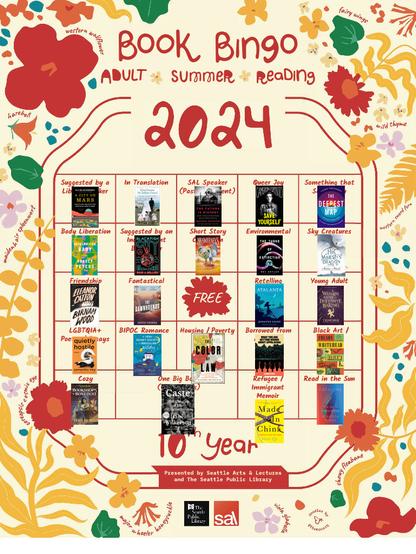 Book Bingo Adult Summer Reading 2024 bingo card, entirely filled in. The books:

A City on Mars by Kelly and Zach Weinersmith

My Brilliant Friend by Elena Ferrante

The Future is History by Masha Gessen

Save Yourself by Cameron Esposito

The Deepest Map by Laura Trethewey

Detransition, Baby by Torrey Peters

Blackfish City by Sam J. Miller

McSweeney's Issue 69

The Tusks of Extinction by Ray Nayler

His Majesty's Dragon by Naomi Novik

Birnam Wood by Eleanor Catton

The Dawnhounds by Sascha Stronach

Atalanta by Jennifer Saint

A Wizard's Guide to Defensive Baking by T. Kingfisher

Quietly Hostile by Samantha Irby

The Very Secret Society of Irregular Witches by Sangu Mandanna

The Color of Law by Richard Rothstein

What You Are Getting Wrong About Appalachia by Elizabeth Catte

Harlem Shuffle by Colson Whitehead

Bookshops & Bonedust by Travis Baldree

Caste by Isabel Wilkerson

Made In China by Anna Qu

Fathoms by Rebecca Griggs