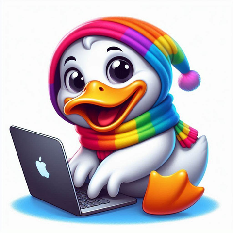 Eine KI-generierte weiße Ente mit einer Regenbogenmütze sitzt am Laptop und tippt