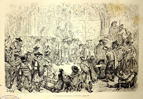 lithograph - historic meeting, Tribunal de les Aigües (Tribunal of Waters), Valencia. Spain