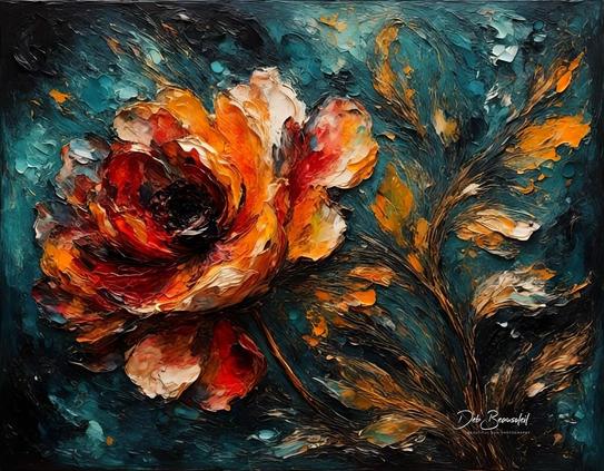 A digitally painted flower with vibrant red, orange, and yellow petals, set against a textured teal and black background. The artwork, derived from an original photograph, showcases bold brushstrokes and rich colors.  Image at:  https://beautifulsunphotography.com/featured/fiery-floral-fusion-deb-beausoleil.html  See more art & blog at: https://beautifulsunphotography.com/ https://debbeautifulsunphotography.com/ https://www.zazzle.com/store/beautifulsun_designs https://debbeausoleil.com https://www.artpal.com/BeautifulSun/