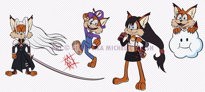 An Illustration of the character Bubsy from the video game cosplaying as multiple other video game characters.