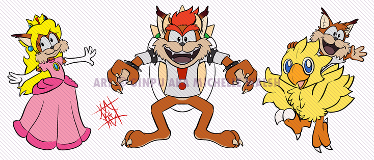 An Illustration of the character Bubsy from the video game cosplaying as multiple other video game characters.
