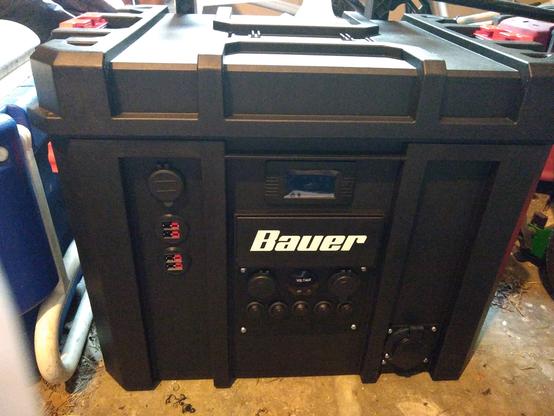 Front view of the box. I've added 4 powerpole connectors and a USB C charger to the lefthand side of the front face.