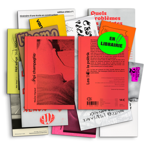 Skeuomorphisme d’une pile de livres des éditions Burn~Août, avec en haut de la pile :

À gauche, couleur corail, la première de couverture de “Pipi champagne”.

À droite, la quatrième de couverture de ce même livre.

Visuel par les éditions Burn~Août.