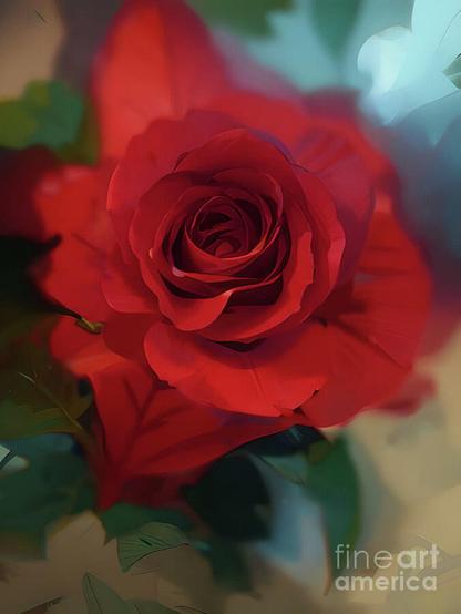 A vibrant red rose blooms against a soft, blurred background of green and blue shades. The petals of the flower are detailed, highlighting the intricate layers and depth of the rose.
My original photo digitally enhanced.