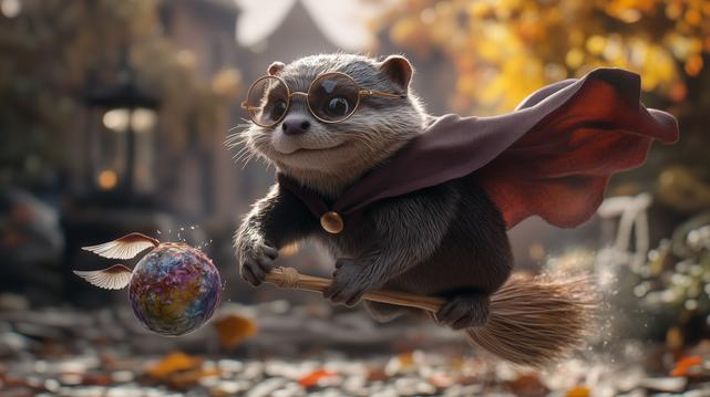 Otter with a cape and round glasses flies on a broom and chases after a ball with small wings.