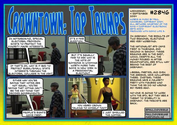 Crowntown: Top Trumps #2846. Crown debates with himself whether voting is the most important part of democracy.