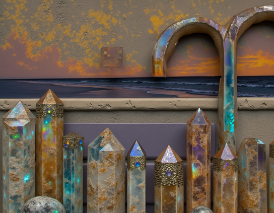 A row of rust- and patina-encrusted mystical crystals, with iridescent inner lights and some with gemstone and metallic embellishments, lined up against a rustic wall painted with a sunset over dark ocean waves rolling onto an evening beach.
