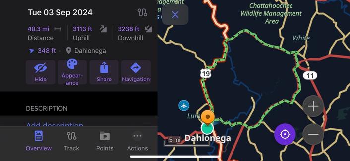 Screenshot of a map showing a mountain loop navigation route starting in Dahlonega along US Highway 19 near the Chattahoochee Wildlife Management Area. 
To the left of the map is a summary card indicating the following metrics:
Distance 40.3 miles 
Uphill 3113 feet 
Downhill 3238 feet