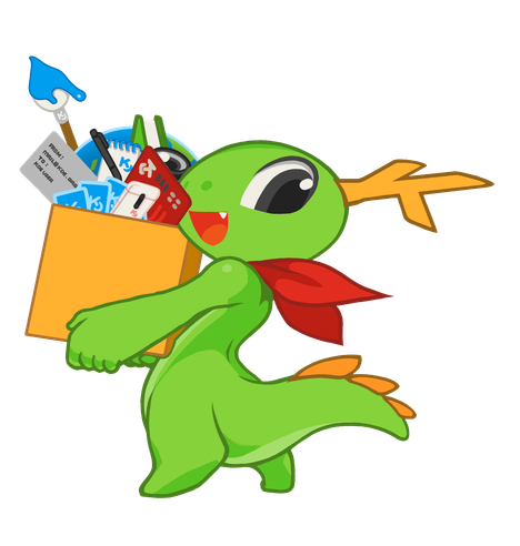 Konqi with a big smile carrying a lot of things in a box, from a left-side profile perspective.

The box has a GPU, globe, paintbrush with blue paint, mail envelope from mail@kde.org addressed to a KDE user, black pen, notepad with a simplified KDE logo, KDE cards, pink KDE smartphone, green book, and DSLR camera lens.