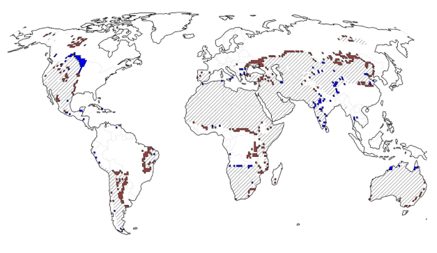 Mapa mundial de las tierras áridas existentes (área rayada), expandidas (rojo) y contraídas (azul), estimadas en el período 1981-2018. Salvo en Norteamérica y Asia central, se observa que los drylands han aumentado su superficie.
