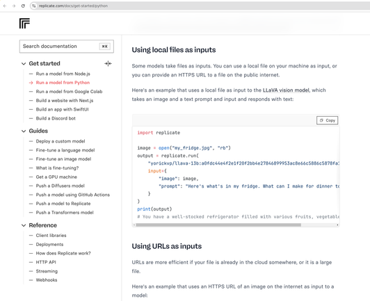 Screenshot of the Replicate.com docs for running a model with Python on their machine learning platform. The docs mention model-id yorickvp/llava-13b.