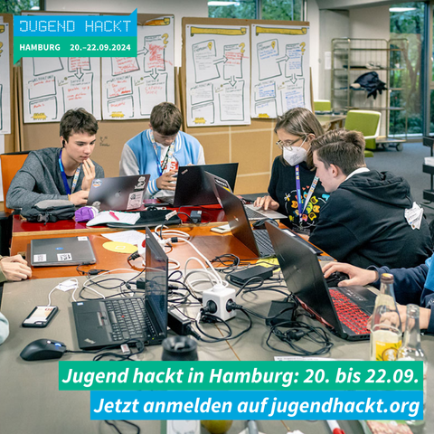 Mehrere jugendliche Menschen sitzen um einen Tisch, auf dem mehrere Laptops, viele Kabel, ein paar Flaschen u.ä. liegen. Sie arbeiten am Laptop und diskutieren miteinander. Im Hintergrund sind Planungs-Plakate aufgehängt.