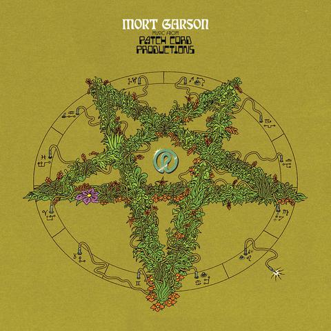 Cover art of the album: Mort Garson, music from Patch cord Productions.

Golden yellow background, over it there's a drawn black circle with small sections, depicting the zodiac signs and other symbols that resemble electronic circuit connections. Small synth cables pop from each segment: all are connected to the center except one on the bottom right, its tip surrounded by electricity sparks.

On the center, there's an inverted pentagram placed above the drawn circle. The pentagram is formed by grass and leaves of various shades of green color, intertwined with the synth cables, that are of the same color of the background

Different orange flowers pop here and there on the grass, there's also a bigger pink flower. 

On the center of the pentagram there's a metallic logo depicting a letter P.