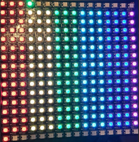 LED matrix panel showing a demonstration rainbow