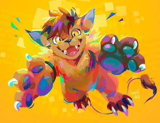 Digital illustration of a fanmade Digimon character, Crocattamon. The character is shown jumping towards the viewer, hands extended and a smile on its face. The background is yellow, and the illustration is depicted in a painterly, loose style.