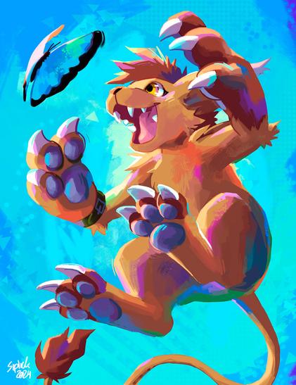 Digital illustration of a fanmade Digimon character, Crocattamon. The character is shown jumping upwards to catch a blue butterfly, arms prepaerd to grab it at any point. The background is blue, and the illustration is depicted in a painterly, loose style.