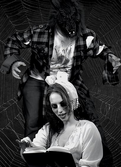 A werewolf creeping up behind a woman sitting in her nightgown & reading from a storybook.
Spiderweb background.
Black and white photo