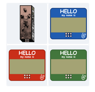 4 badges, "hello my name is" in red, green and blue and there's a solo in carbonite SAO.