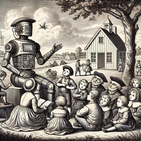 a robot teaching children in the 18th Century