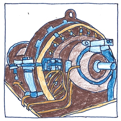 Drawing of the Alexanderson alternator (I think), a large metal housing with a horizontal axle and several conduits.