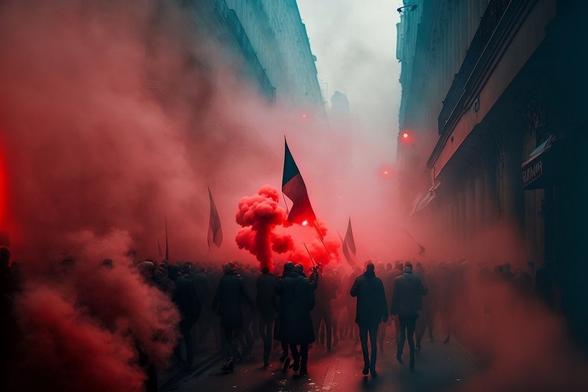 silhouettes sur fond de fumée rouge
