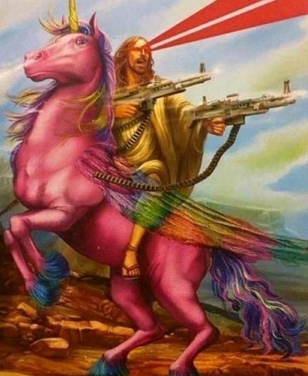 Jesus riding on a bulky unicorn while shooting two belt-fed machine guns from the hip and shooting lasers from his eyes