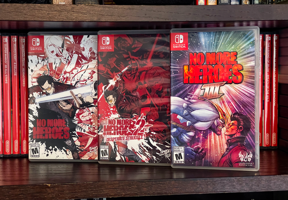 3 Nintendo Switch games sitting on a bookshelf (left to right): No More Heroes, No More Heroes 2: Desperate Struggle, No More Heroes III
