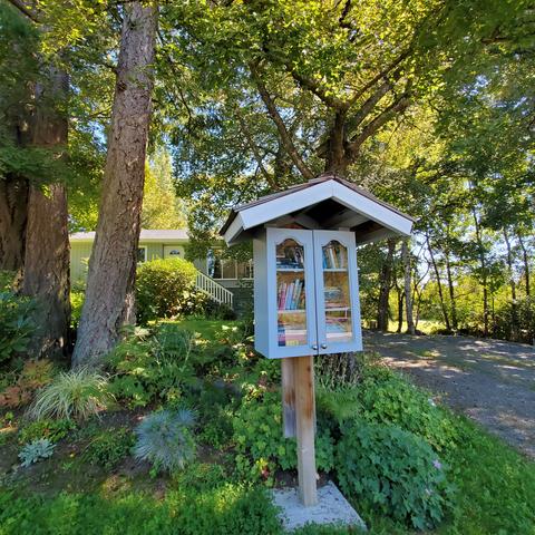 Little free library, painted white, with a little roof over it.