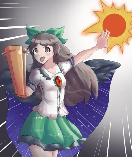 Digital artwork of Utsuho Reiuji from touhou project, she's wearing her subterranean animism outfit with her cannon on her right hand, She's smiling while raising her left hand, there's a burning red sphere behind her left hand.