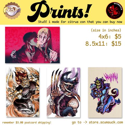 Prints available on store.scumsuck.com.  Ai no kusabi, Yujiro fox, Wolverine catboy, and Skeletor catboy.  4x6 prints are $5, and 8.5x11 prints are $15.