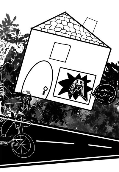 A house with a person standing behind a broken window, saying something in gibberish, you can see a person on a bicycle on the left coming in, the drawing is in black and white