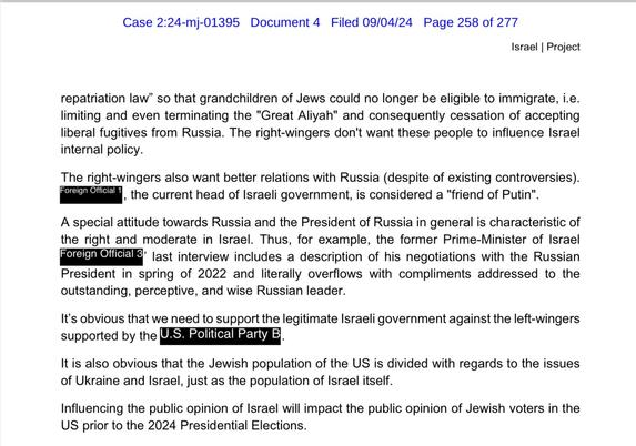 repatriation law" so that grandchildren of Jews could no longer be eligible to immigrate, i.e. limiting and even terminating the "Great Aliyah" and consequently cessation of accepting liberal fugitives from Russia. The right-wingers don't want these people to influence Israel internal policy.
The right-wingers also want better relations with Russia (despite of existing controversies).
Foreign Official 1, the current head of Israeli government, is considered a "friend of Putin".
A special attitude towards Russia and the President of Russia in general is characteristic of the right and moderate in Israel. Thus, for example, the former Prime-Minister of Israel Foreign Official 3' last interview includes a description of his negotiations with the Russian President in spring of 2022 and literally overflows with compliments addressed to the outstanding, perceptive, and wise Russian leader.
It's obvious that we need to support the legitimate Israeli government against the left-wingers supported by the U.S. Political Party B
It is also obvious that the Jewish population of the US is divided with regards to the issues of Ukraine and Israel, just as the population of Israel itself.
Influencing the public opinion of Israel will impact the public opinion of Jewish voters in the
US prior to the 2024 Presidential Elections.