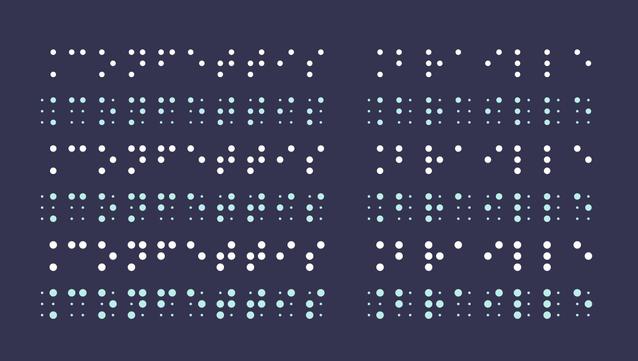 6 almost identical Braille inscriptions (it says “Confettis Braille”, which is the name of the typeface used); only the shape changes: dot thickness, full or simple dotted variants.