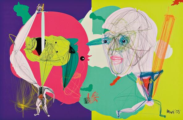 Яркое изображение двух циркачей на сцене, один из них на фоне большой розовой головы глотает шпагу, второй пританцовывает с мечом в руках. Между ними лежит отрубленная левая кисть или перчатка с запястьем. Головы и фигуры актёров изображены при помощи пучков тонких линий, что напоминает живописно-графический стиль Павла Челищева. Пропорции тел искажены. // A vivid image of two circus performers on stage, one of them swallowing a sword against the backdrop of a large pink head, the other dancing with a sword in his hands. Between them lies a severed left hand or a glove with a wrist. The heads and figures of the actors are depicted using bunches of thin lines, which is reminiscent of the pictorial and graphic style of Pavel Tchelitchew. The proportions of the bodies are distorted. // Aditya Pande, “Vore 2: The Circus of Faith”, 2008