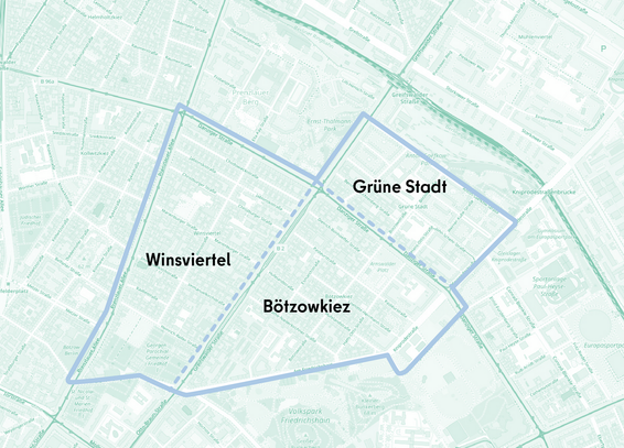 Karte des Beteiligungsgebiets. Zu sehen sind hervorgehoben Winsviertel, Bötzowkiez und Grüne Stadt in Berlin-Pankow.

Quelle: https://mein.berlin.de/projekte/kiezblocks-pankow/