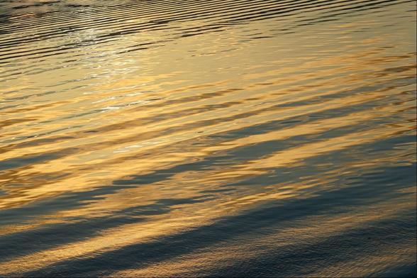 Bright golden light and dark shadows across rippling water, with an even brighter distorted sun visible near the upper left corner
