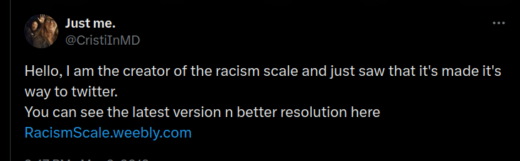 Tweet screenshot:
@CristilnMD 
Hello, I am the creator of the racism scale and just saw that it's made it's way to twitter. You can see the latest version n better resolution here RacismScale.weebly.com
